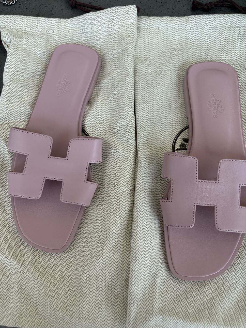 Hermes Lavender Pink Oran Leather Slide Mules